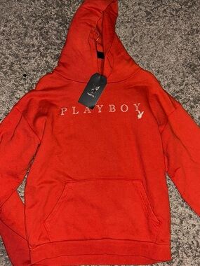 PLAYBOY Red Pullover Hoodie with White Logo size S